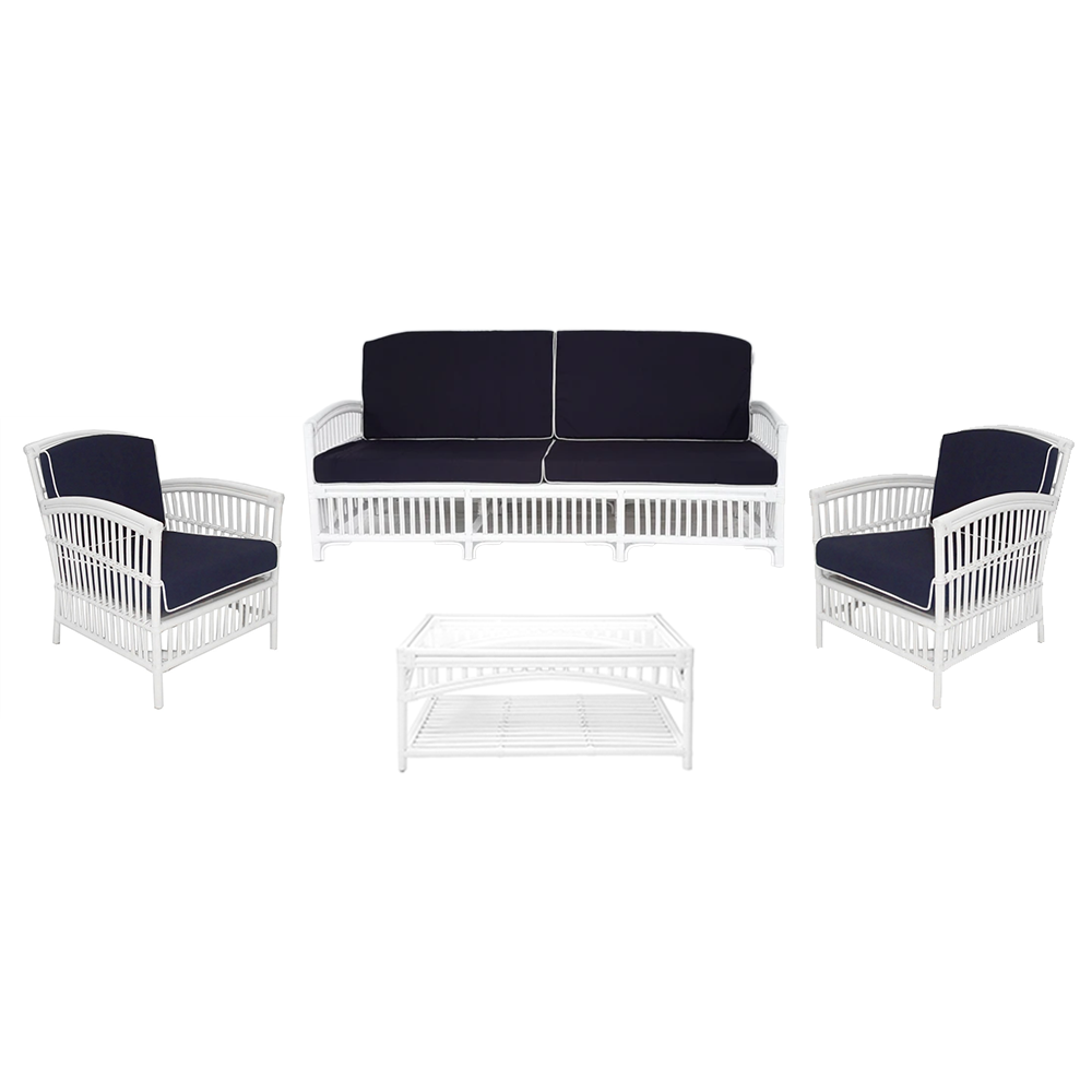 Fitzroy 3.0 White Cane Lounge Package (NAVY CUSHIONS- ALSO AVAILABLE IN WHITE CUSHIONS)