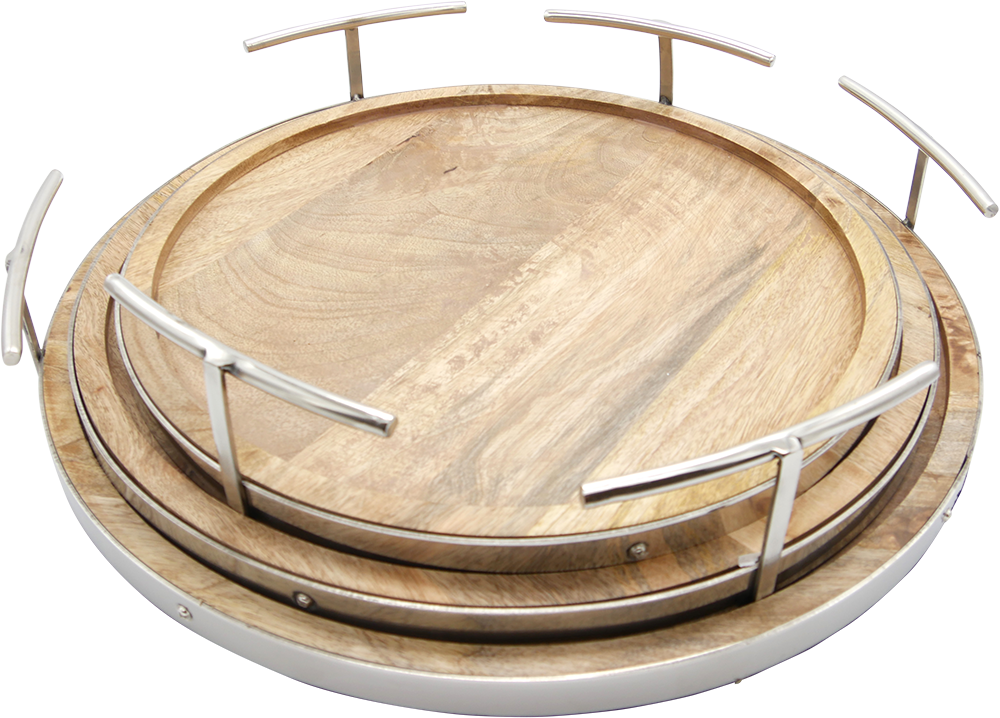Timber & Chrome Circular Tray (Set of 3)